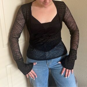NWT Free People Black Sheer Lace Flared Long Sleeve Top